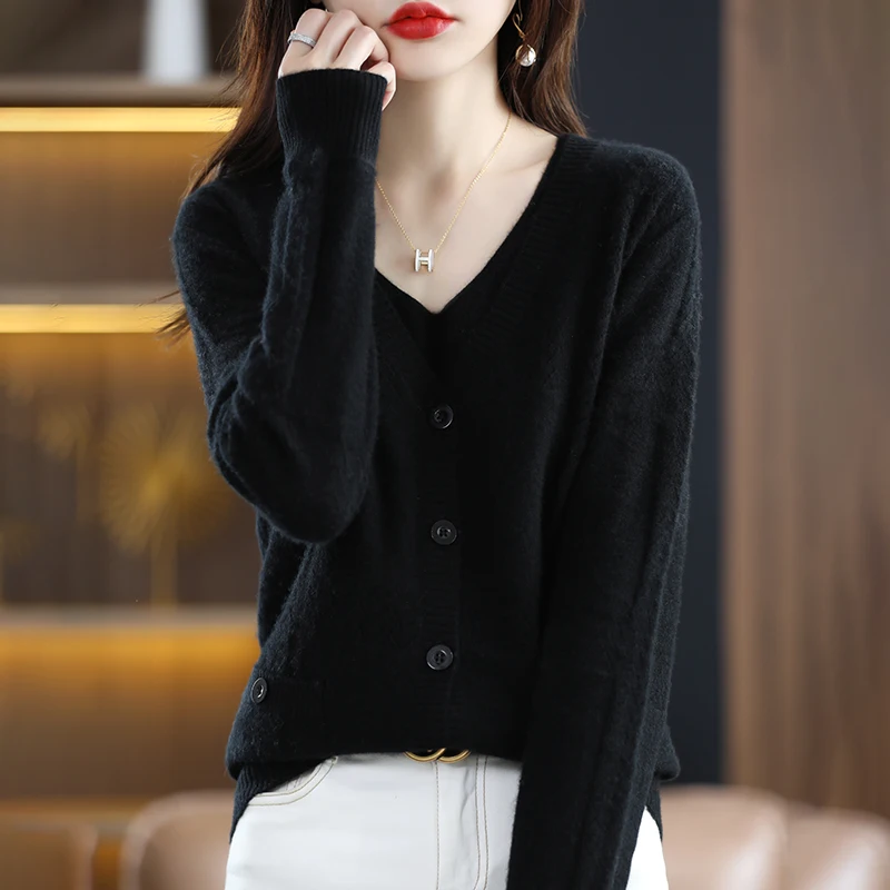 

100% Worsted Wool 2022 Hollow Cardigan V-Neck Thin Air Conditioning Sweater Jacket Solid Color Commuter Long Sleeve
