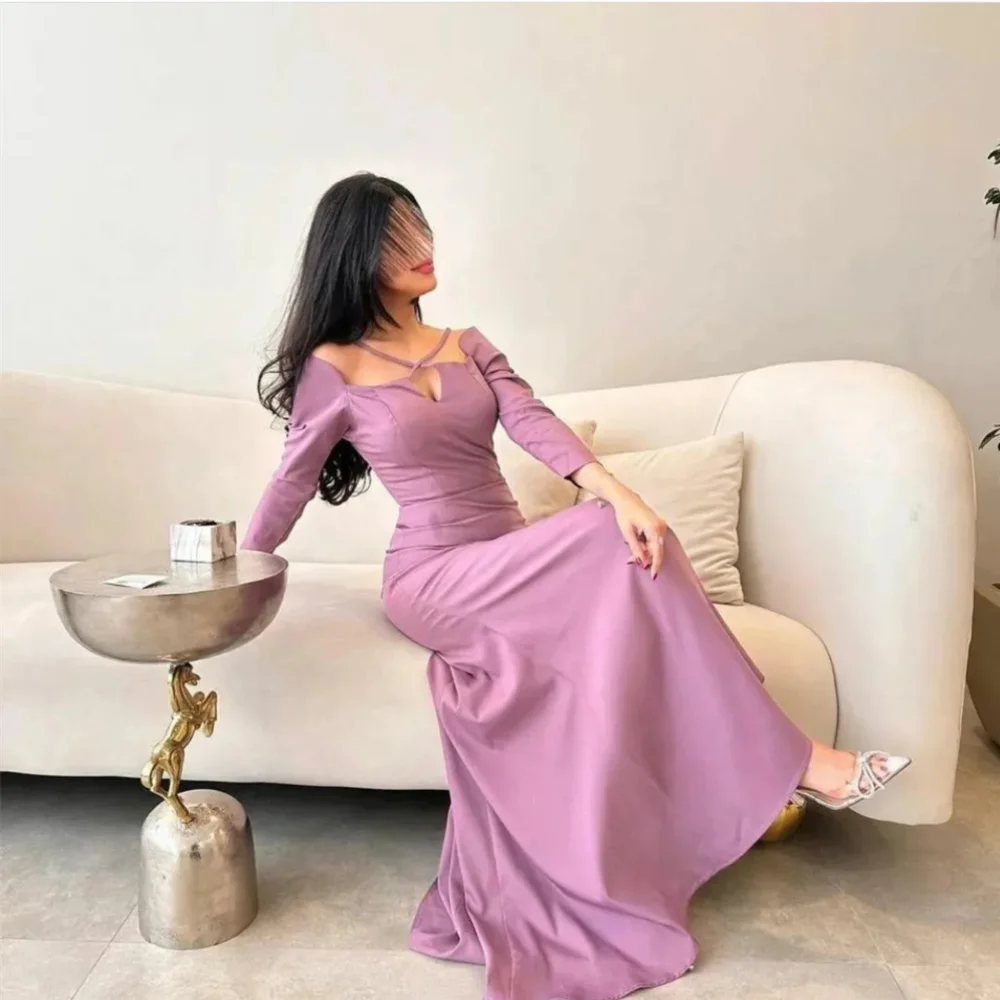 

Classy Long Purple Square Collar Spandex Evening Dresses Full Sleeves A Line Floor Length Vestido De Festa for Women