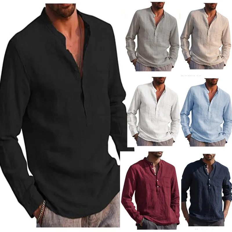 Plus Size Men Cotton Linen Long-Sleeved Shirts Summer Solid Color Stand-Up Collar Casual Beach Style linen shirt