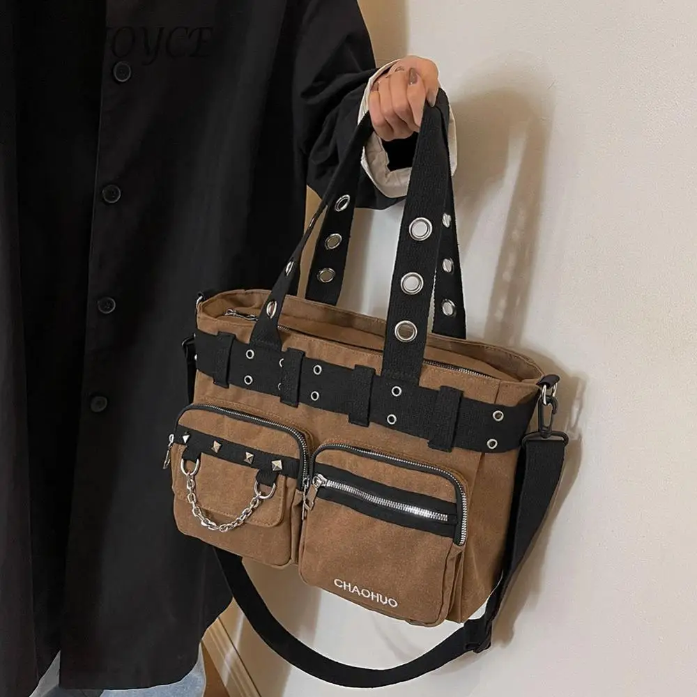 Women Rivet Crossbody Bag with Chain Canvas Gothic Satchel