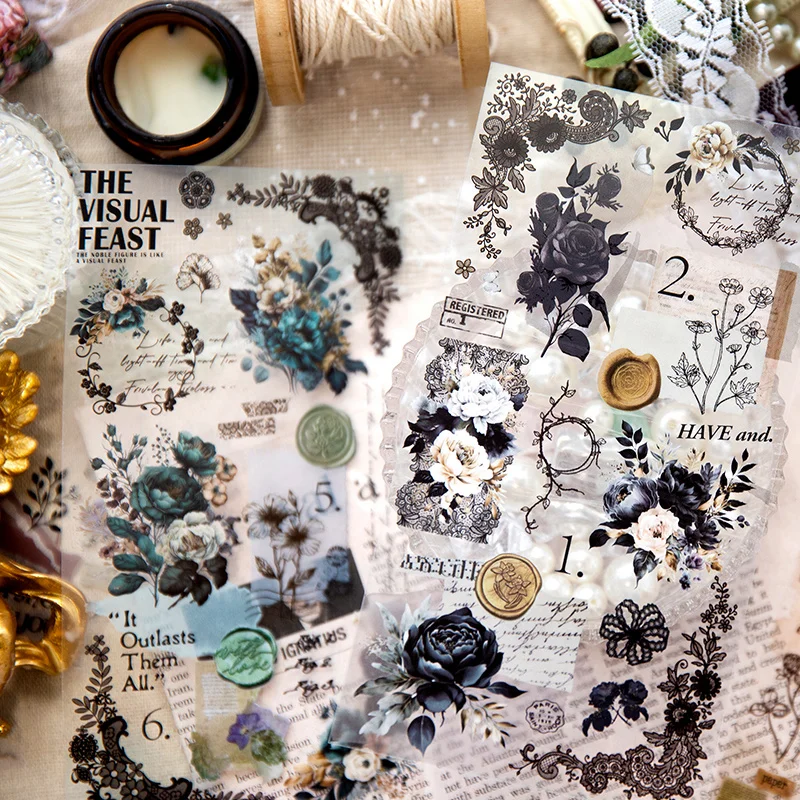 

3Pcs Sticker PET Lace Feast Material Vintage Floral Handbook Background DIY Decorative Stickers Package Scrapbook 217*102MM