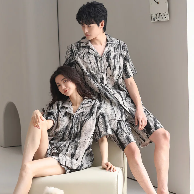 여성과 남성 매칭 코튼 잠옷 커플 여름 잠옷 세트 카디건 반팔 반바지 잠옷 Hombre Mujer Dropship