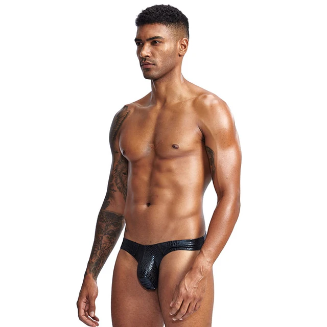 Intimo da uomo in ecopelle Slip sexy in pelle di serpente Homme Lingerie Mutande erotiche ultra sottili Mutandine dall'aspetto bagnato 3
