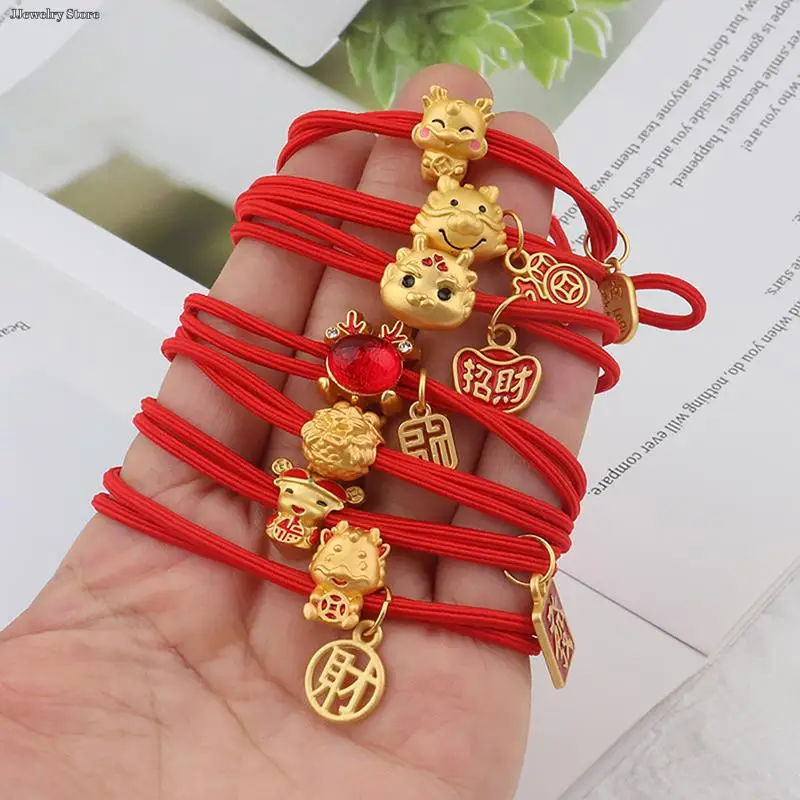 1 Pz Stile Cinese Zodiac Dragon Hair Rope Bracciale 2024 Dragon Year Lucky Hair Bands Bracciale In Corda Rossa Natale Near Year Gift