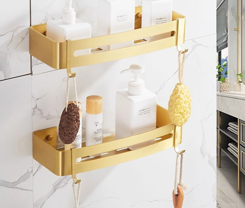 

Скандинавская матовая Золотая полка для ванной комнаты, настенная подвесная четырехугловая корзина, туалетное зеркало, передняя косметика для ванной комнаты