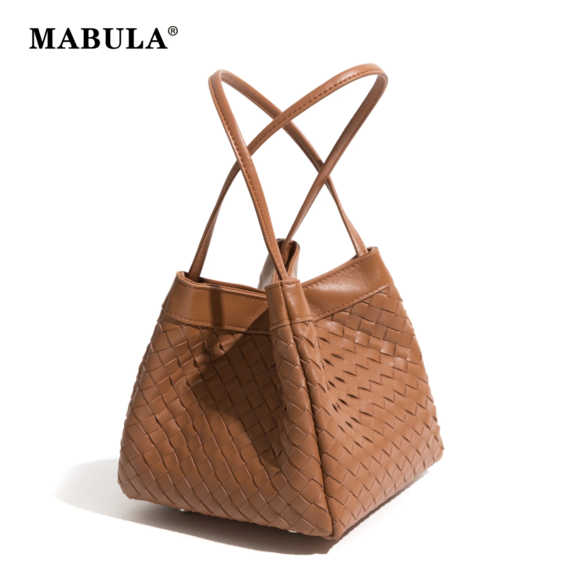 

MABULA Luxury Handwoven Genuine Leather Basket Handbag for Women Trend Stylish Ladies Top Handle Bag Fashion Crossbody Purse