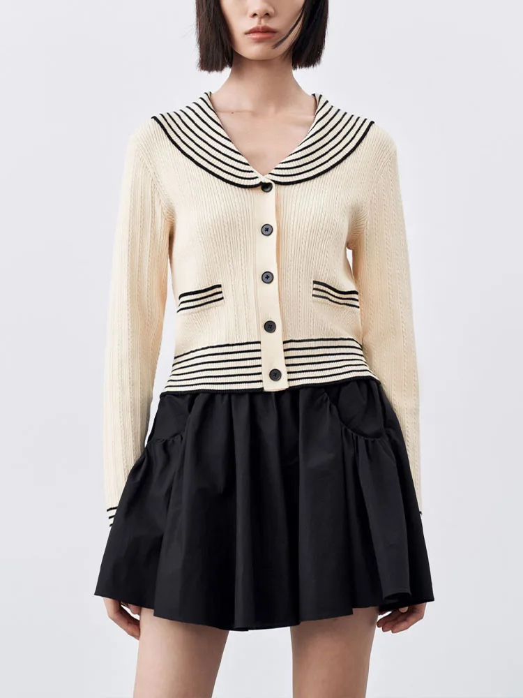 

Autumn new women's fashion European and American casual versatile long-sleeved navy collar knitted cardigan