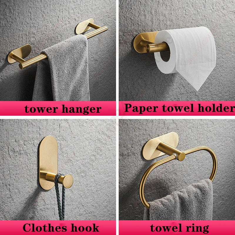 Self-Adhesive Bathroom Accessories Sets Stainless Steel Toilet Tissue Roll Paper Holder Towel Rack Bar Rail Ring Robe Coat Hook