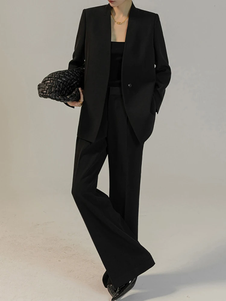 [LANMREM] Office Lady Suits Blazers Women Single Button V Neck Blazers High Waist Wide Leg Pants 2024 Spring New 26D9041