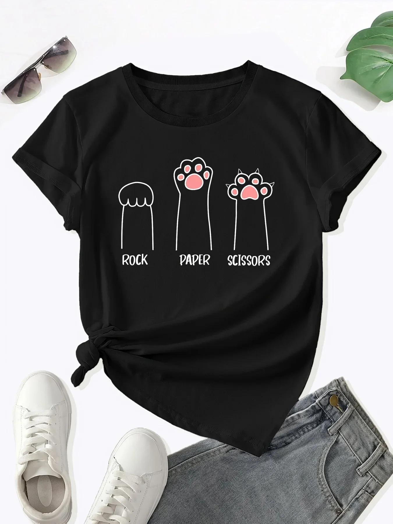 

Short Sleeves Cotton Tops Streewear Paw Print Crew Neck T-Shirt, Casual Short Sleeve T-Shirt Spring & Summer Women's Clothing
