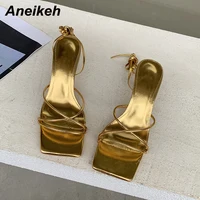 Aneikeh-Sandales en cuir verni à lacets croisés pour femmes, chaussures de soirée à bande étroite, talon bas fin, gladiateur Rome d'été, mode 2025 5
