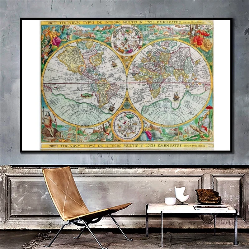 Vintage World Map 225*150cm Canvas Background Painting Classroom Wall Art Large Poster Unframed Print Office Supplies Home Decor