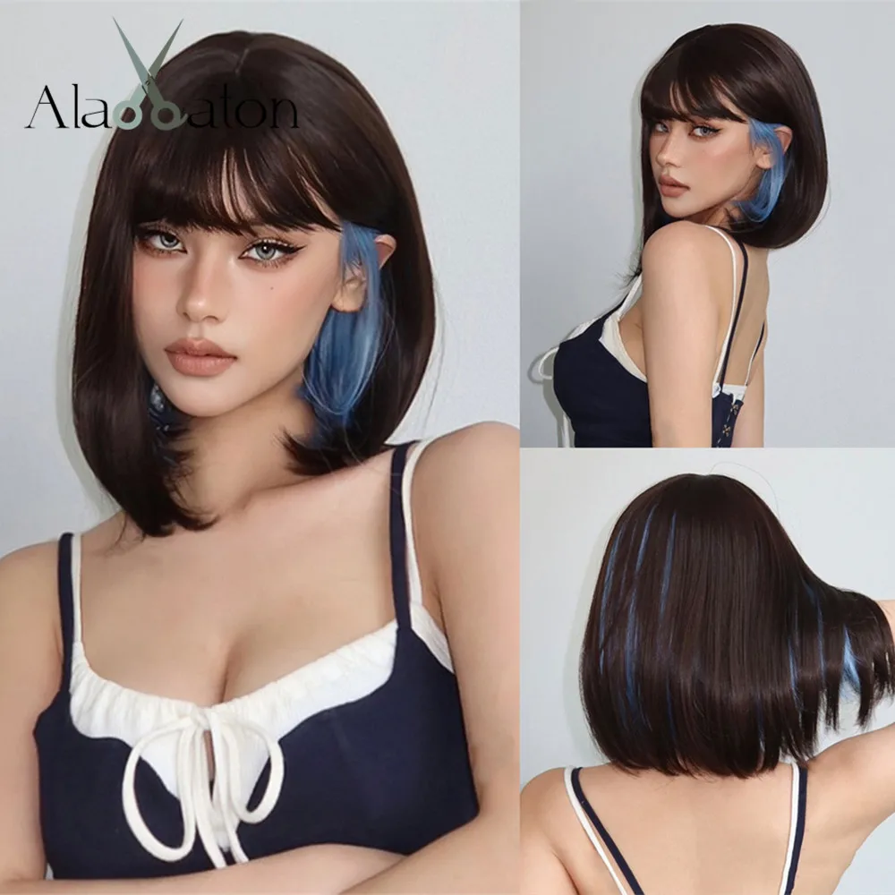

ALAN EATON Dark Brown Bob Synthetic Wigs with Blue Highlight Short Straight Wig with Bangs for Women Colorful Party Cosplay Hair