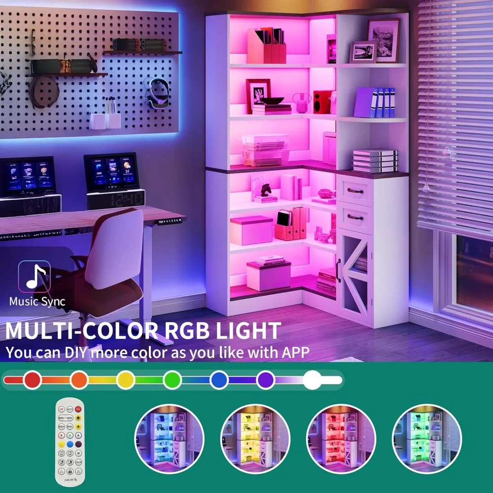 corner bookshelf with storage, farmhouse 6-tier bookshelf with drawers and cabinets, l-shaped bookcase led lights corner displa