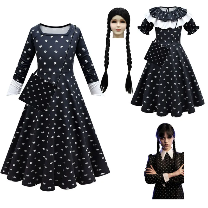Halloween Kids Day Addams Cosplay Dress Girl Addams Morticia Black Gothic Print Clothes Parrucca Bag Fancy Party Cosplay Outfit