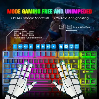 Wireless Gaming Keyboard and Mouse Combo,Rainbow Backlit Rechargeable 3800mAh Battery,87 Keys Mechanical Feel Keyboard 6