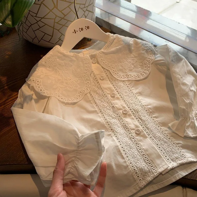 Spring Autumn baby girls lace Hollow out shirts 2-7 Years Girl cotton embroidery Lapel long sleeve blouses Tops