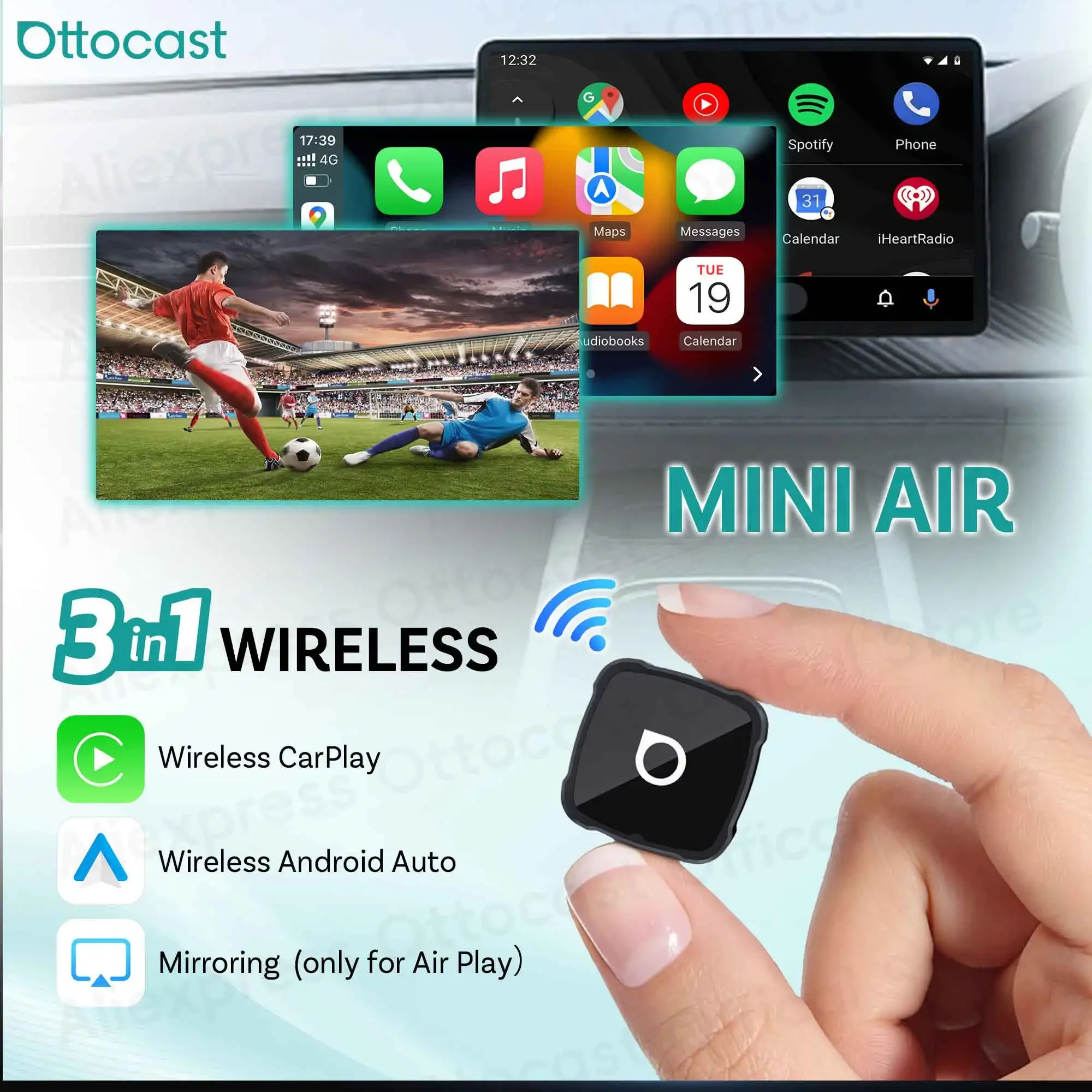 Ottocast 3 in 1 Wireless Android Auto CarPlay Adapter 2026 Mini Air Dongle for iPhone AirPlay Mirroring for Youtube Spotify