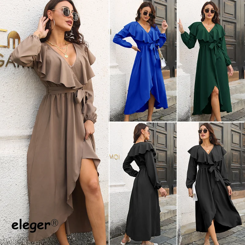 

2023 New Summer Women's Blue Vacation Dress Midi Long Slim Belt Deep V-Neck Black High Split Long Sleeve Casual Dresses