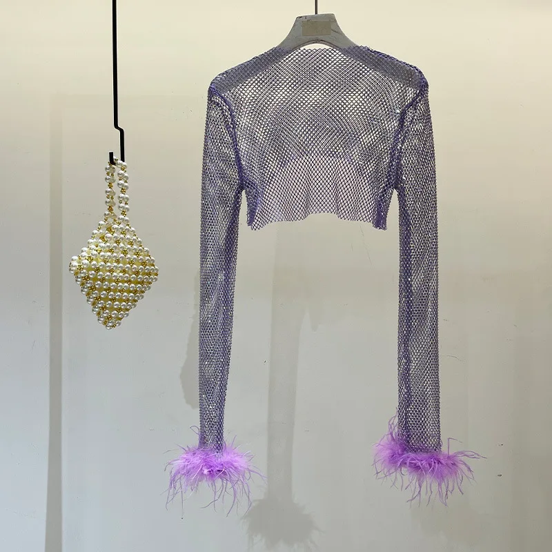 

Women AB Fabric Tops Rhinestone Ostrich Feather Top Mesh Protection Shawl Summer Half Length Loose Long Sleeves T-shirt Female