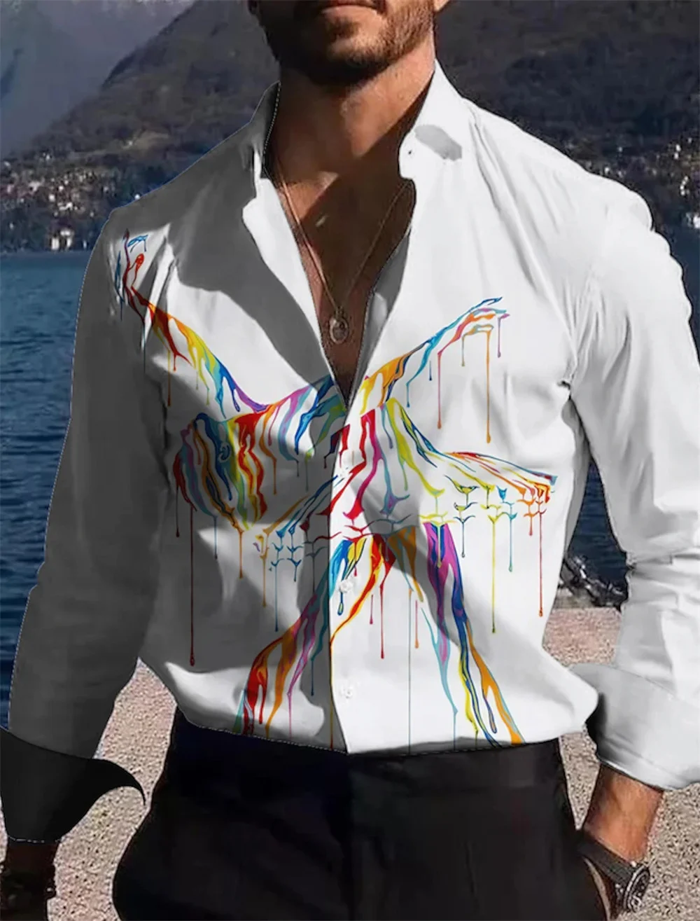 New men's shirt line abstract print pattern designer clothing white shirt fashion outdoor casual party top comfortable and soft