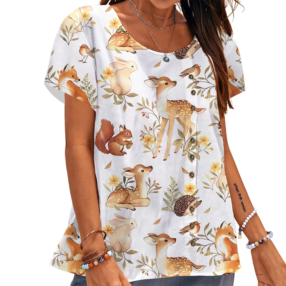 

CLOOCL Fashion Women T-shirt Cute Forest Animals Pattern 3D Printed Tees Button Decorate Loose Short Sleeve Female Cozy Tops