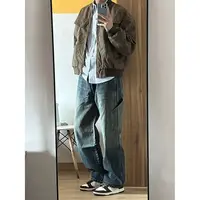 Spring and Autumn Men and Women Trendy Personalized Straight Tube Splicing Work Clothes Jeans American Couple Loose Casual Pants 2