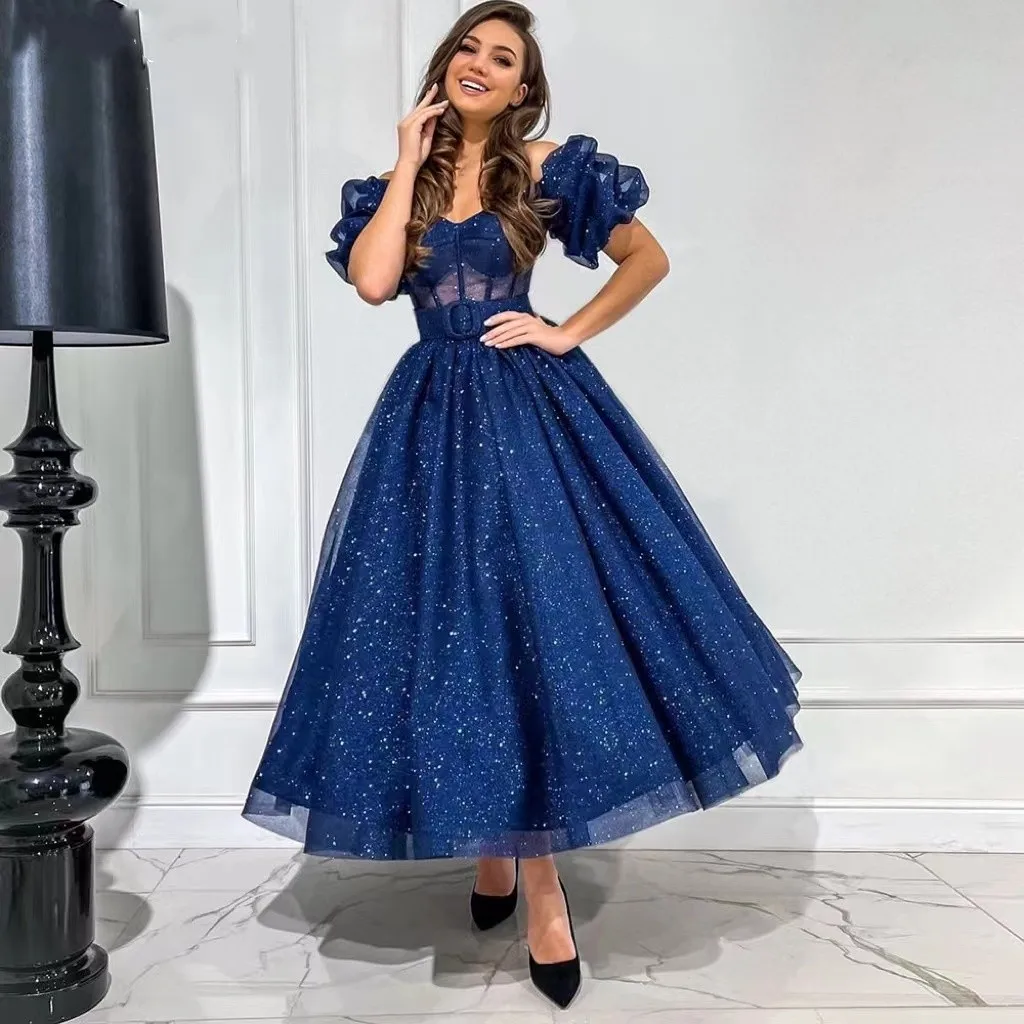 

Royal Blue A-line Prom Dress Sequins A-line V-neck Off Shoulder Short Sleeve Tulle vestidos de fiesta elegantes para mujer 2023