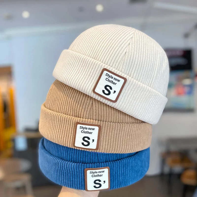 Vintage Letter Baby Brimless Hat Solid Color Corduroy Toddler Docker Cap Autumn Winter Warm Adjustable Kids Boy Girl Beanie Hats
