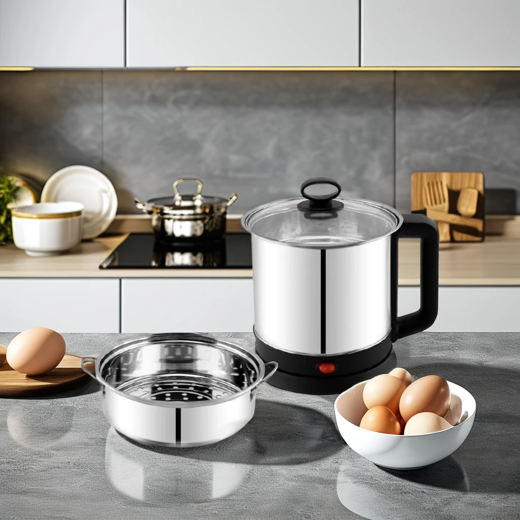 Stainless Steel Multi-Cooker Kettle with Steamer Bowl 6 Eggs Stand & Glass Lid Household Use SS Rim for Boiling