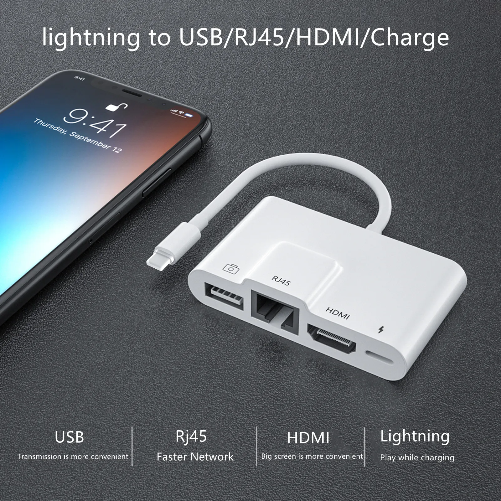 iphone charger converter Lightning to Rj45 Ethernet LAN HDMI Adapter 4 IN 1 4K TV USB Hub OTG Cable Charging Converter for iPhone/ iPad usb phone converter