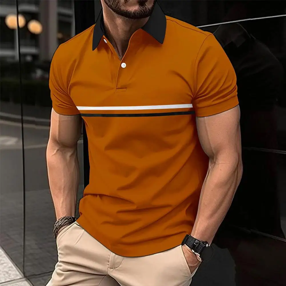 

Summer Men Top Turn-down Collar Solid Color Patchwork Striped Print Slim Fit Pullover Soft Breathable Button Casual Mid Length M