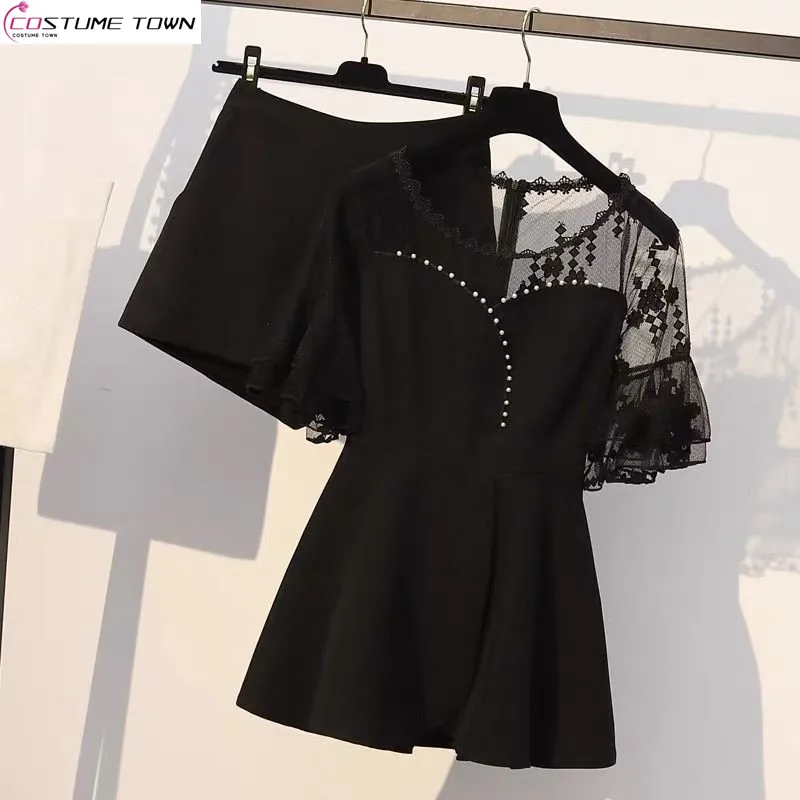 2024 Spring/Summer Korean Edition New Slim Fit Dress Top and Shorts Women's Set Two Piece Set