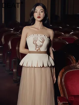 تنورة نسائية ذات ثنيات ، قمة مع تطريز ، زخرفة برشام ، انكماش الخصر ، مد جديد ، أنيق ، ربيع ، ، ، طقم 2 ، 13DB3380 1