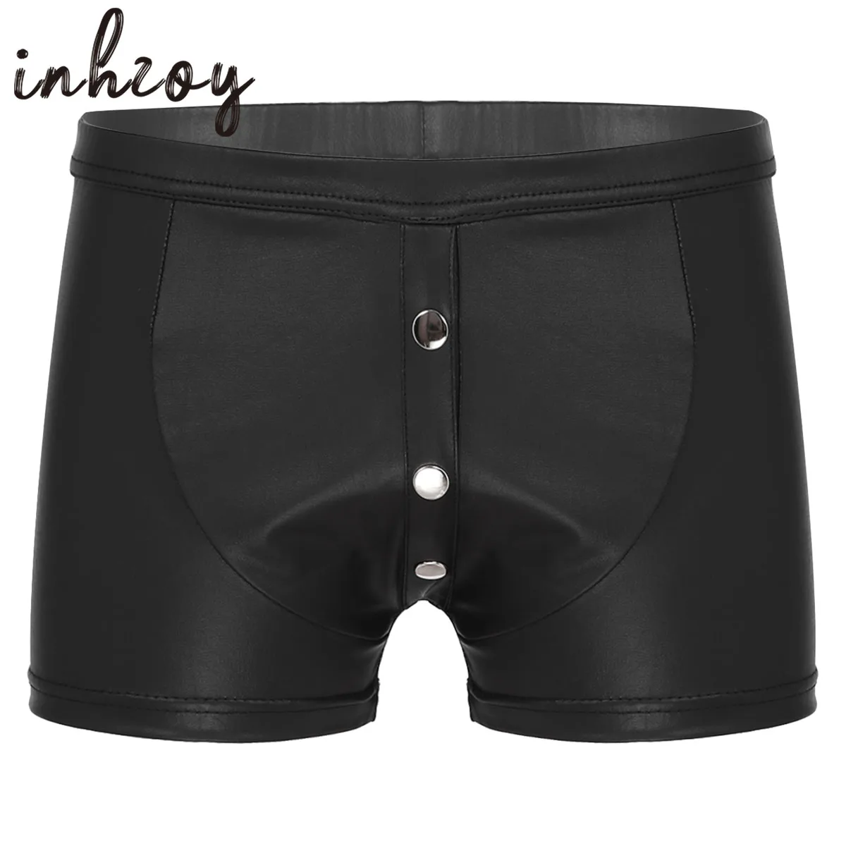 Mens Wet Look Patent Leather Shorts Underwear Zipper Crotch Low Rise Boxers Briefs Underpants Nightclub Rave Outfirts Clubwear