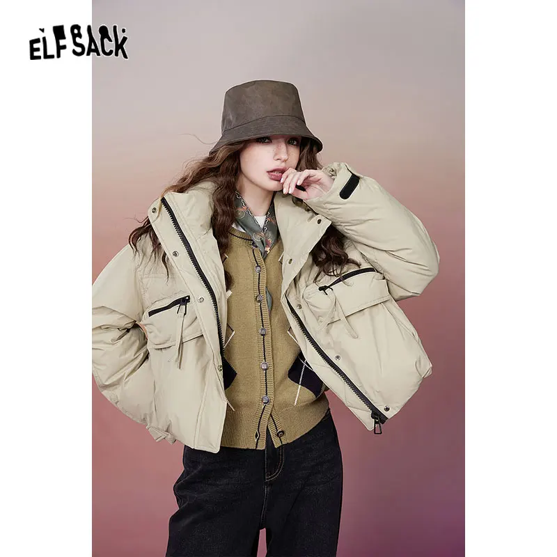 ELFSACK Korean Fashion White Down Coats Women 2023 Winter New Short Designed Jackets