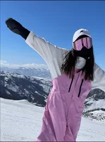 Unisex Ski Pants Overalls Pink Suspenders Trousers For Men Women Windproof Waterproof Warm Outdoor Snowboard Sports Clothing 3
