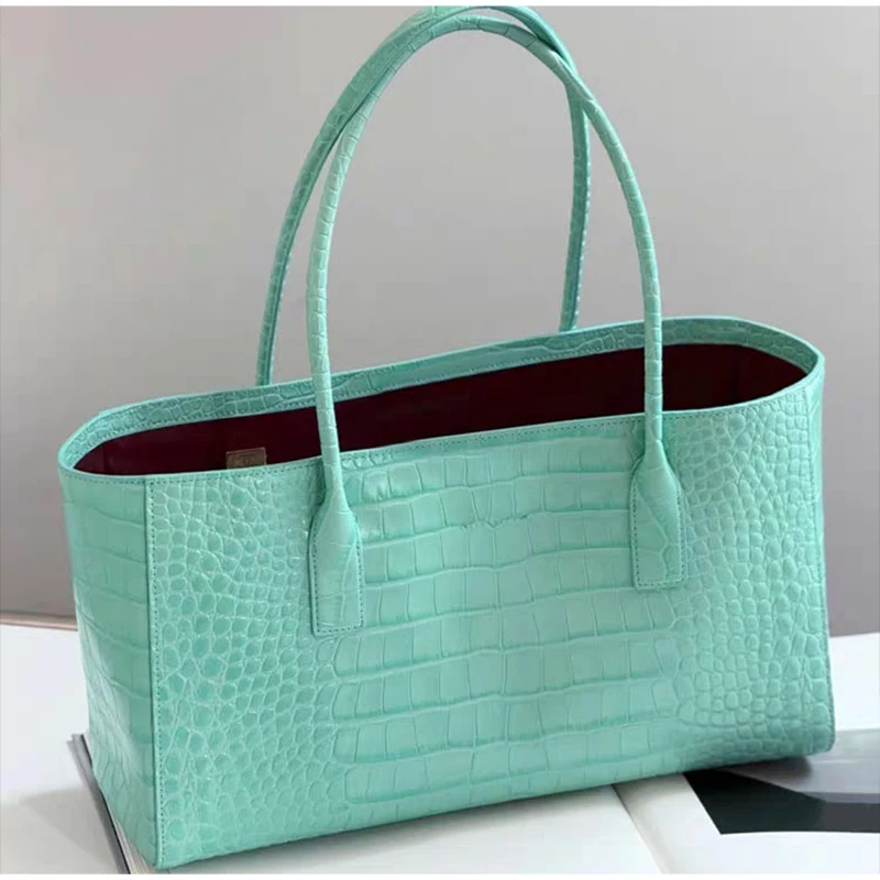 Luxury Crocodile Print Leather Bag, Vintage Green Large Capacity Handbag, Magnetic Buckle Clutch Casual Elegant Commuter Purse 1