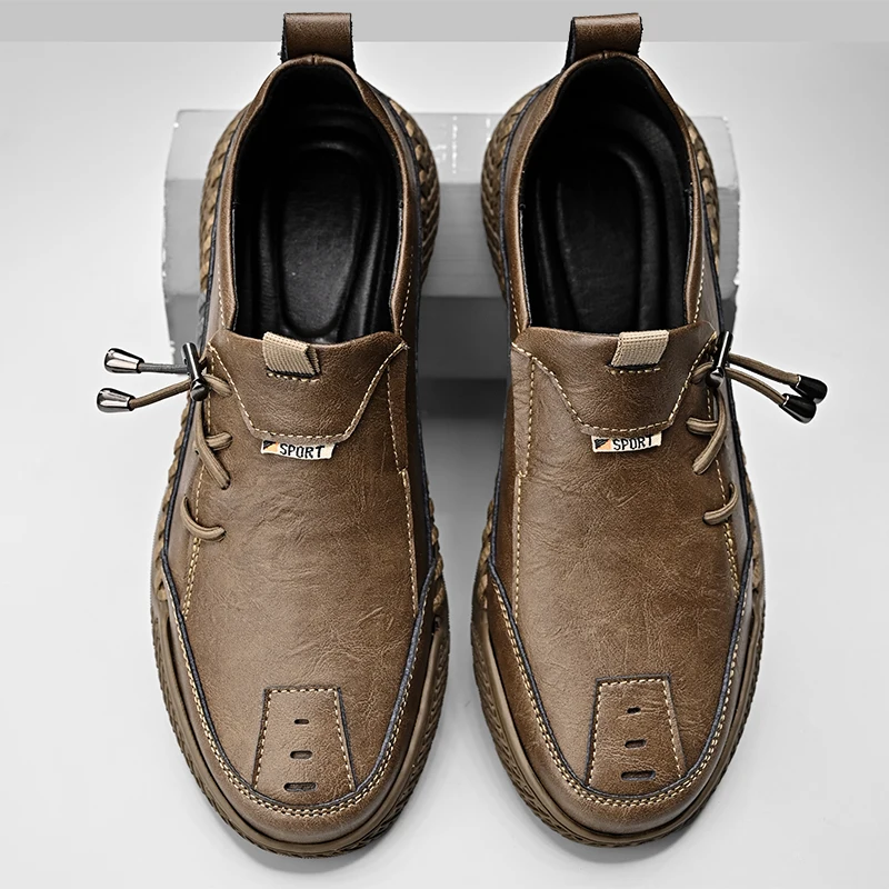 Fashion Leather Men Casual Shoes Hand-stitching Soft Mens Loafers Comfy Moccasins Breathable Slip on Driving Shoes Treking Flats