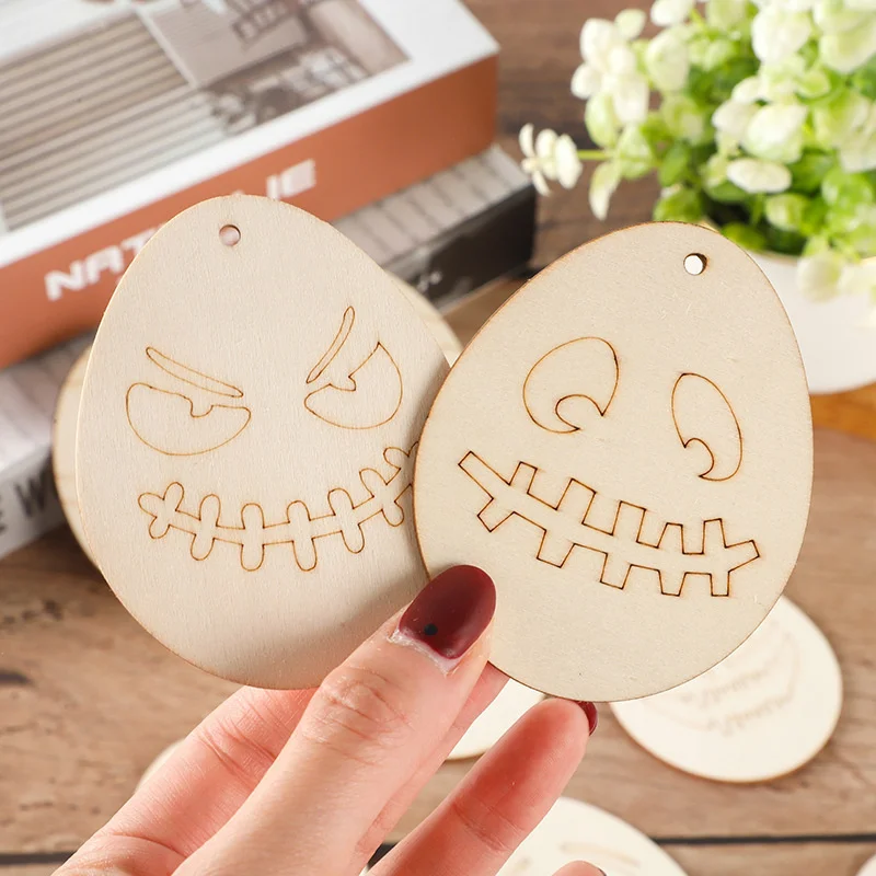 10Pcs Wooden Scary Hanging Crafts Egg Face Ornament For Happy Halloween Party Home Decorations Kids DIY Painting Gifts Supply