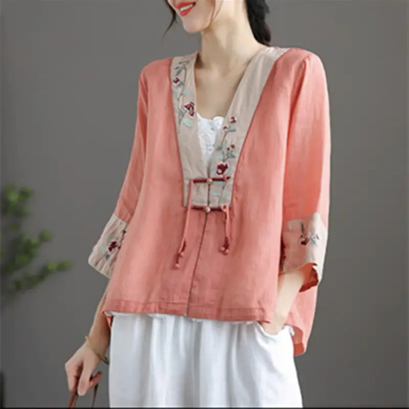 New cotton linen vintage cheongsam blouse traditional chinese tea clothing flower embroidery women hanfu oriental tang suit