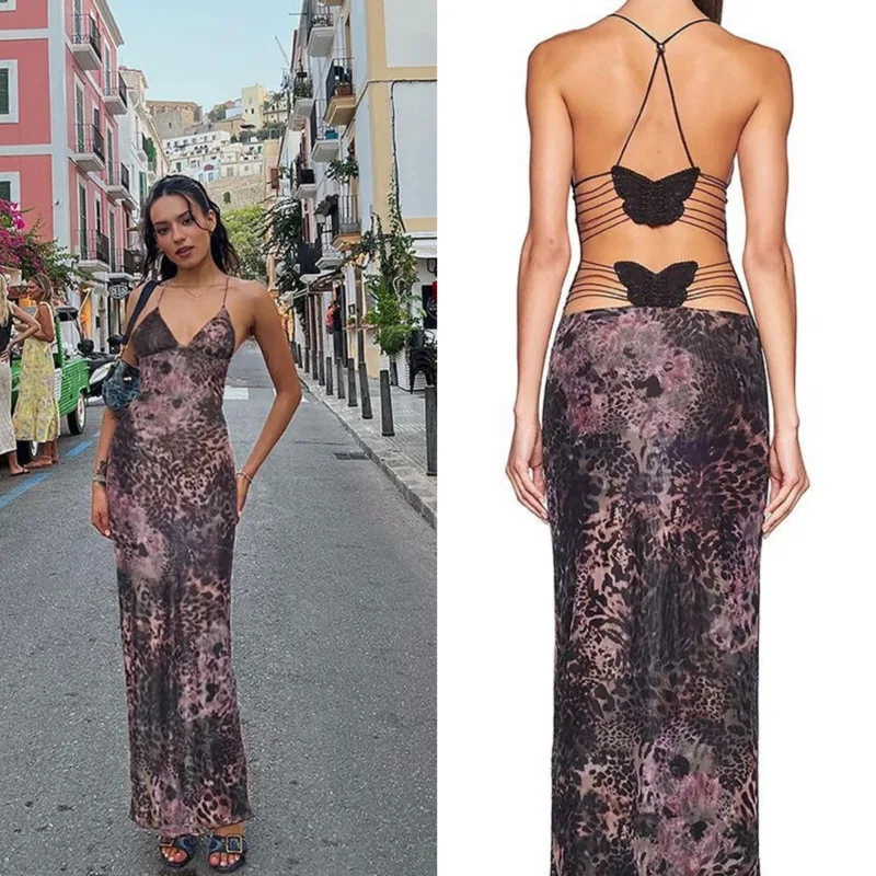

Printed Backless Neck Hanging Women's Dress 2024 Summer Sexy Contrasting V Neck Sleeveless Slim Fit Long Skirt Beach Midi Skirt