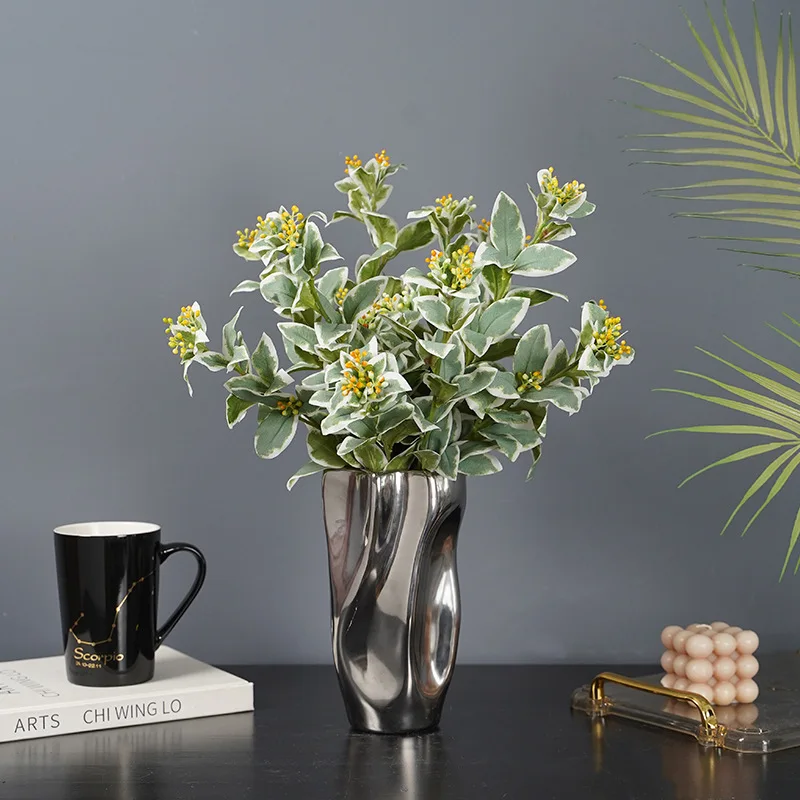 

2pcs Living Room Decoration Simulation Green Plant Indoor Flowers Single Branch White Edge Leaves Silver Edge Orchid Home Supply