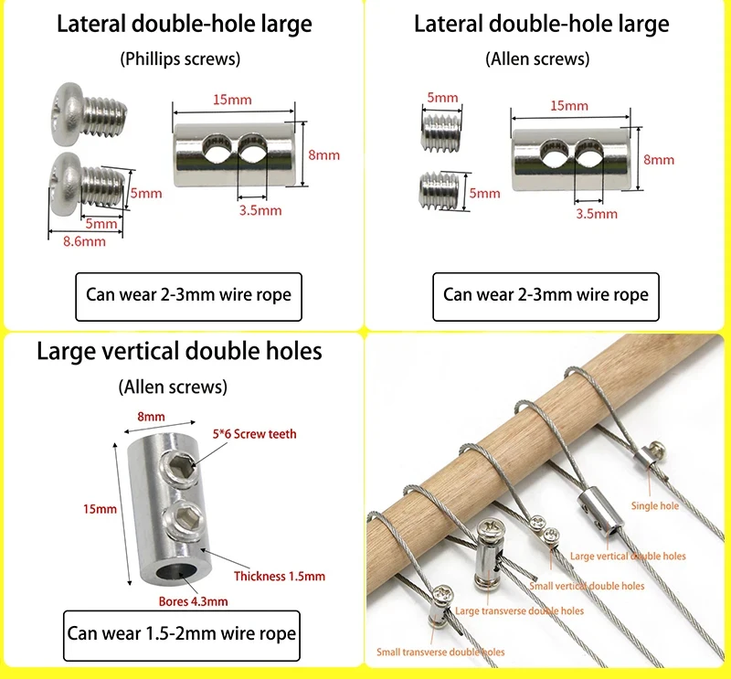 Description Picture 4 of item1mm-2mm Wire Rope Buckle DIY Double Hole Thread Lock Wire Rope Fixing Piece Lighting Lanyard Hardware Accessories