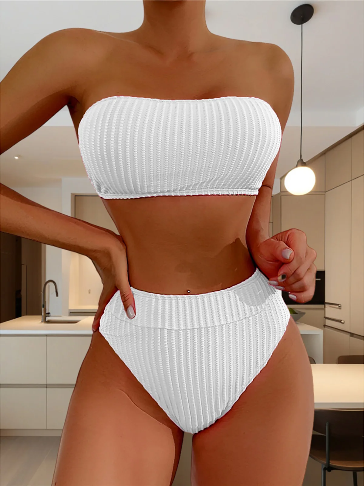 S - XL Bandeau Wrinkled Female Swimsuit High Waist Bikini Women Swimwear Two-pieces Bikini set Bather Bathing Suit Swim K5904 4