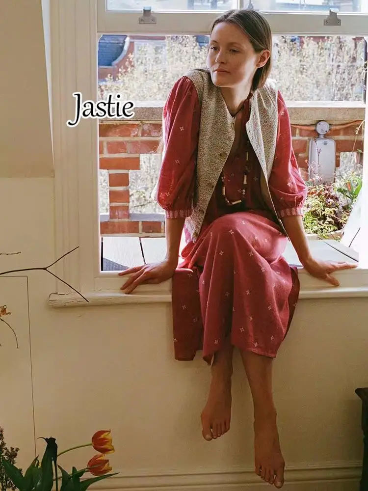 

Jastie/вышивка в этническом стиле хлопковое платье в стиле ретро с v-образным вырезом и рукавами 3/4; Сезон весна-осень; Женские платья; Повседневные пляжные платья для отдыха