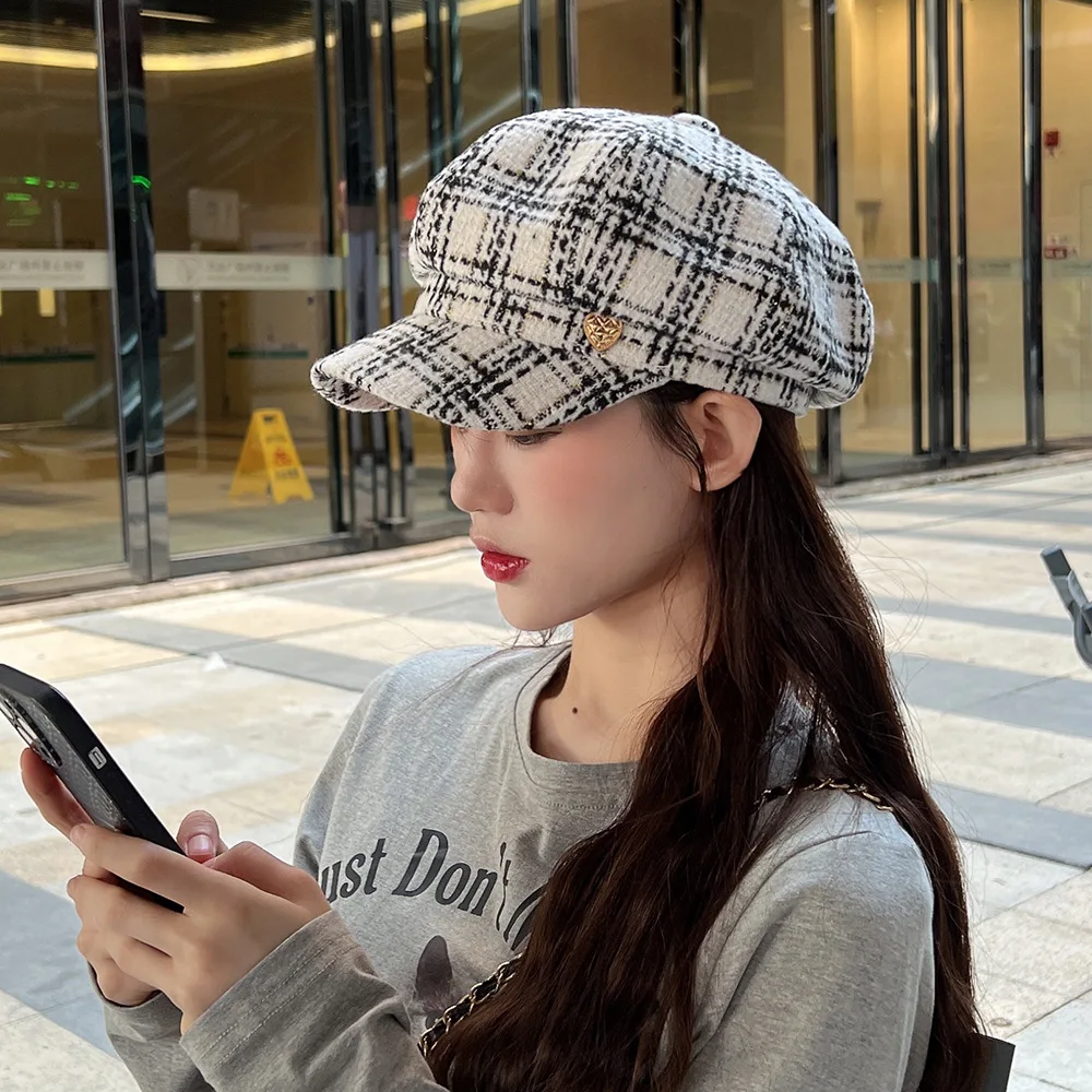 Baskenmütze Frauen Zeitungsjunge Mütze Frühling Herbst Plaid Achteckige Hüte Für Frauen Mode Stil Süße Casual Neue Vintage – Detail 9