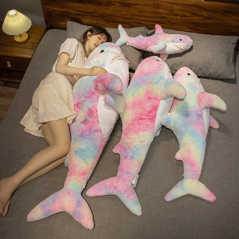 Kawaii Rainbow Colorful Plushie Shark Toys Sleeping Pillow Fish Back Cushion Doll Appease Baby Toy For Children Christmas Gifts