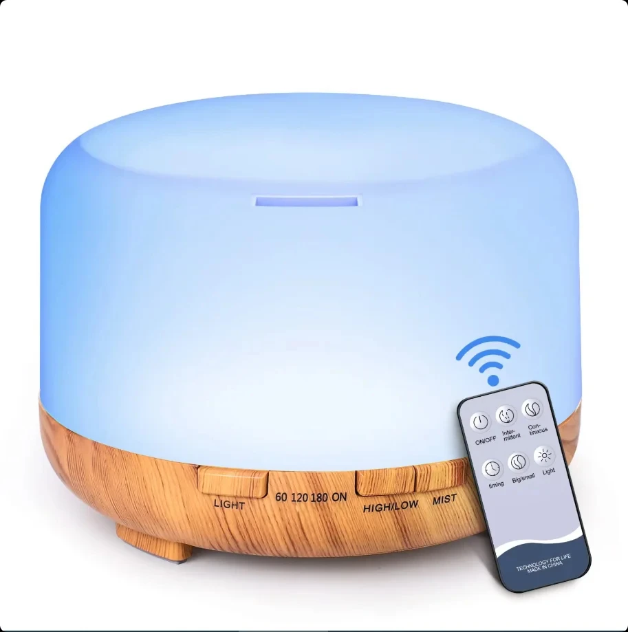 Compact Wooden Grain Aroma Diffuser with Colorful LED Lights, 500ML Capacity