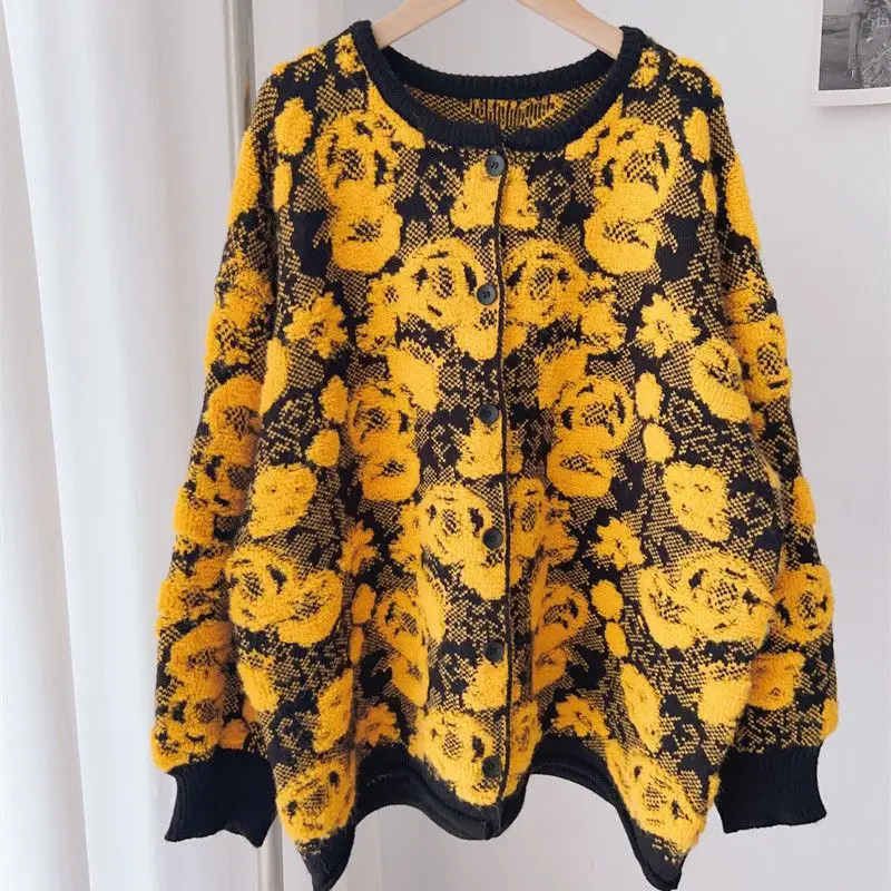 

Literature Art Retro Flower Knitted Cardigan Women's 2023 New Autumn Winter Lazy Loose Female Sweater Coat
